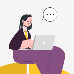 Professionista seduta su sgabello, digita al laptop con fumetto di conversazione sopra.