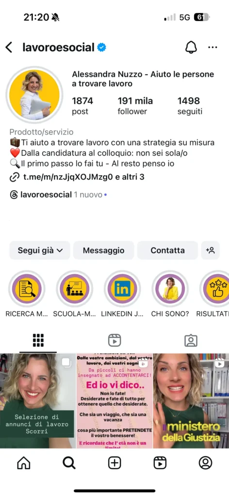 Screenshot del profilo Instagram di Alessandra Nuzzo - Lavoro&Social, con foto profilo, biografia e highlights tematici dedicati alla ricerca di lavoro e servizi di orientamento professionale.